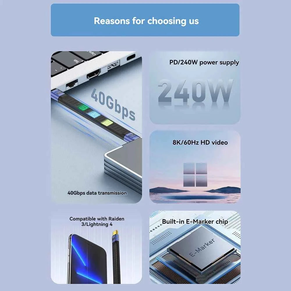 USB4 Short Cable 40Gbps Data Transfer 240W PD Fast Charging Thunderbolt 4/3 Interface Flat USB-C Cord for Laptop Phone Tablet