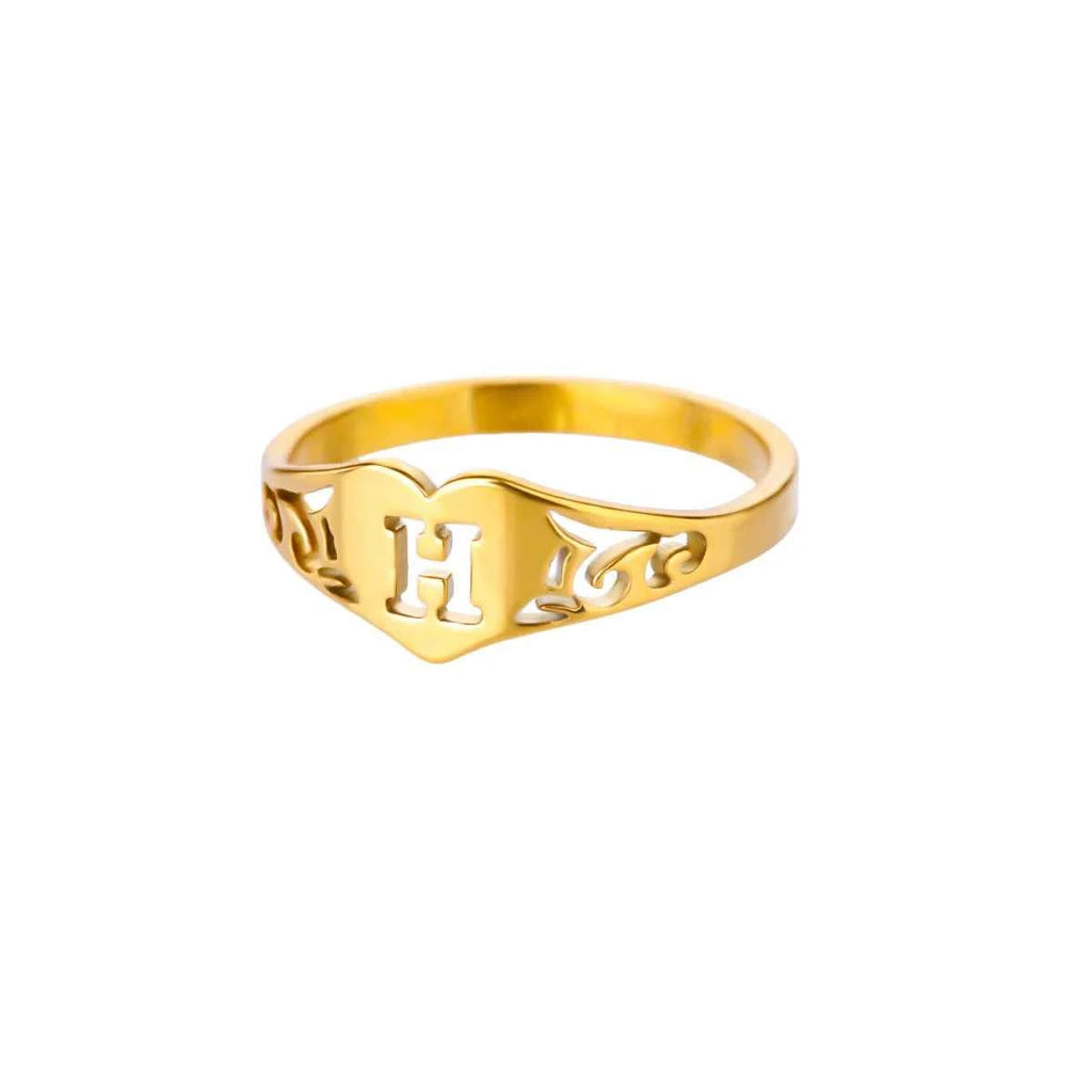 Fashion Hollow Initial Letter Heart Rings For Women Gold Color Stainless Steel A-Z Letter Ring Aesthetic Wedding Jewelry Gift
