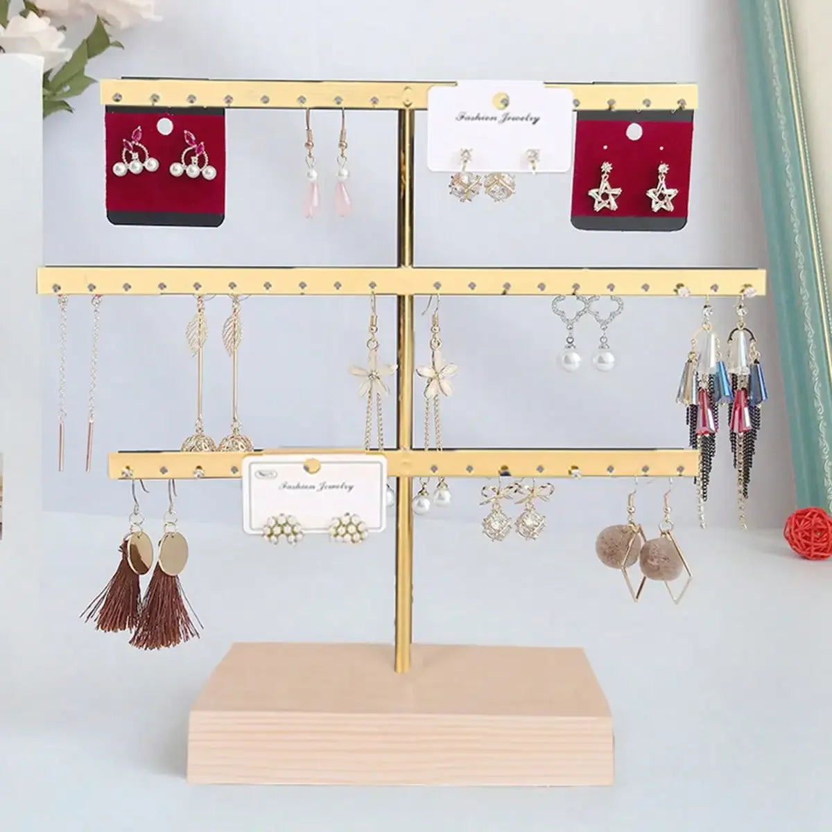 Wooden Base 52-Hole Jewelry Organizer Stand with Metal Earring Holder Rack, Ideal for Home Decor and Wedding Accessories