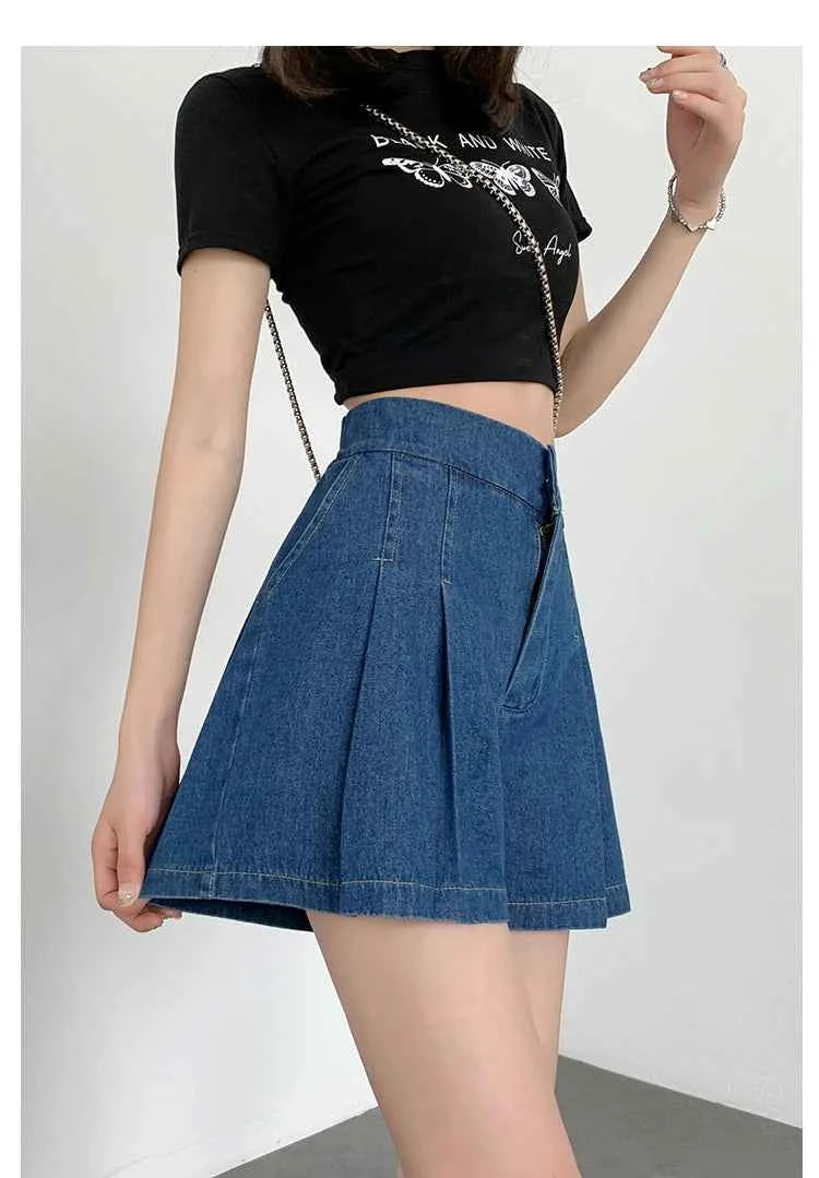 DFRCAEG 2024 Summer Plus Size Denim Shorts For Women High Elastic Waist Blue Or Sky Blue Pleated Mini Large Size Short Femme