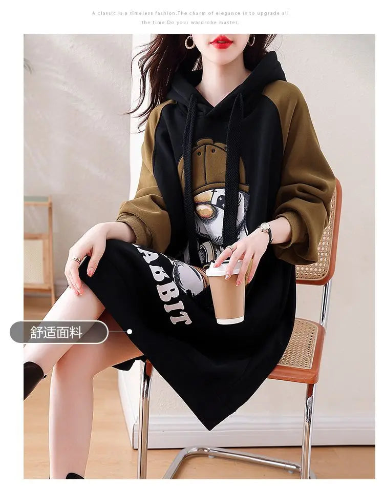 Winter Women Clothing Oversized Cartoon Fleece Dress New Hooded Drawstring Thicken Warm Female Casual Midi Long Sleeve Dresses