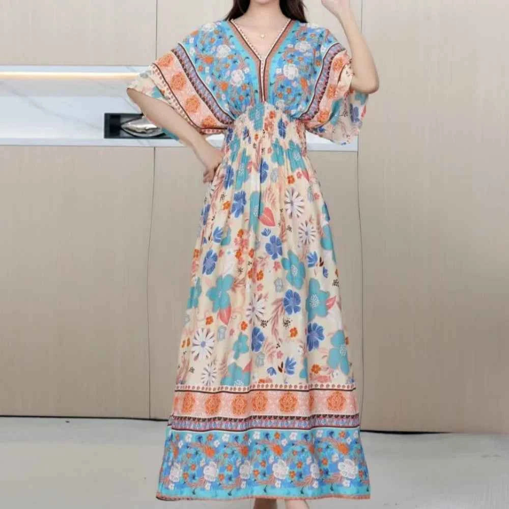 Colorful Flower V-neck Elastic Youthful Bohemian Sweet Midi Dress Woman Clothes Chic Fashion Summer Dresses 2025 Large Swing Ski