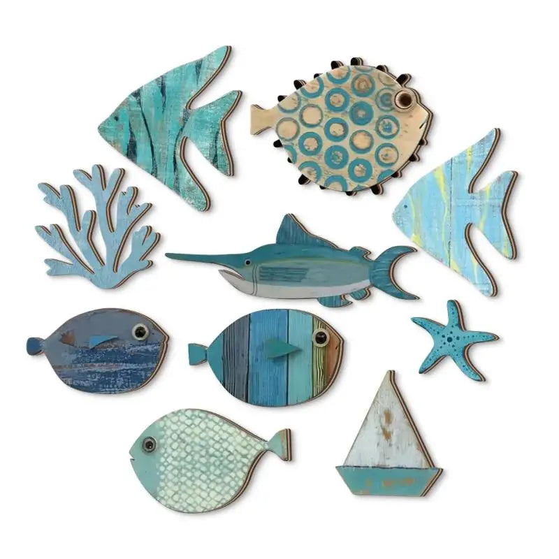 10pcs/set Fish Home Wall Decor Wooden Fish Hanging Beach Theme Bathroom Art Nautical Coastal Ocean Decoration