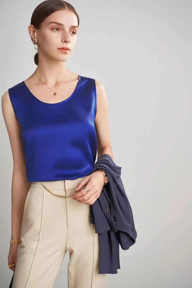 SuyaDream. Women Basic Cozy Tanks, 100%Real Silk, O neck Sleeveless Chic T Shirt, 2025 Solid Summer Vests, White, Pink, Beige
