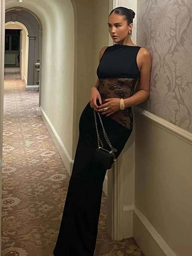 Woman's Elegant Sleeveless Lace Patchwork Evening Dress Black High Street O-neck Backless Hollow Out Slim Long Party Dresses