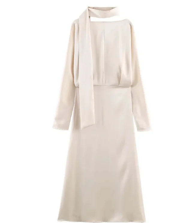 2026 New Scarf Solid Elegant Maxi Dresses Women Spring V Neck Long Sleeve Club Party Long Dress Female Chic Slim Fit Dresses