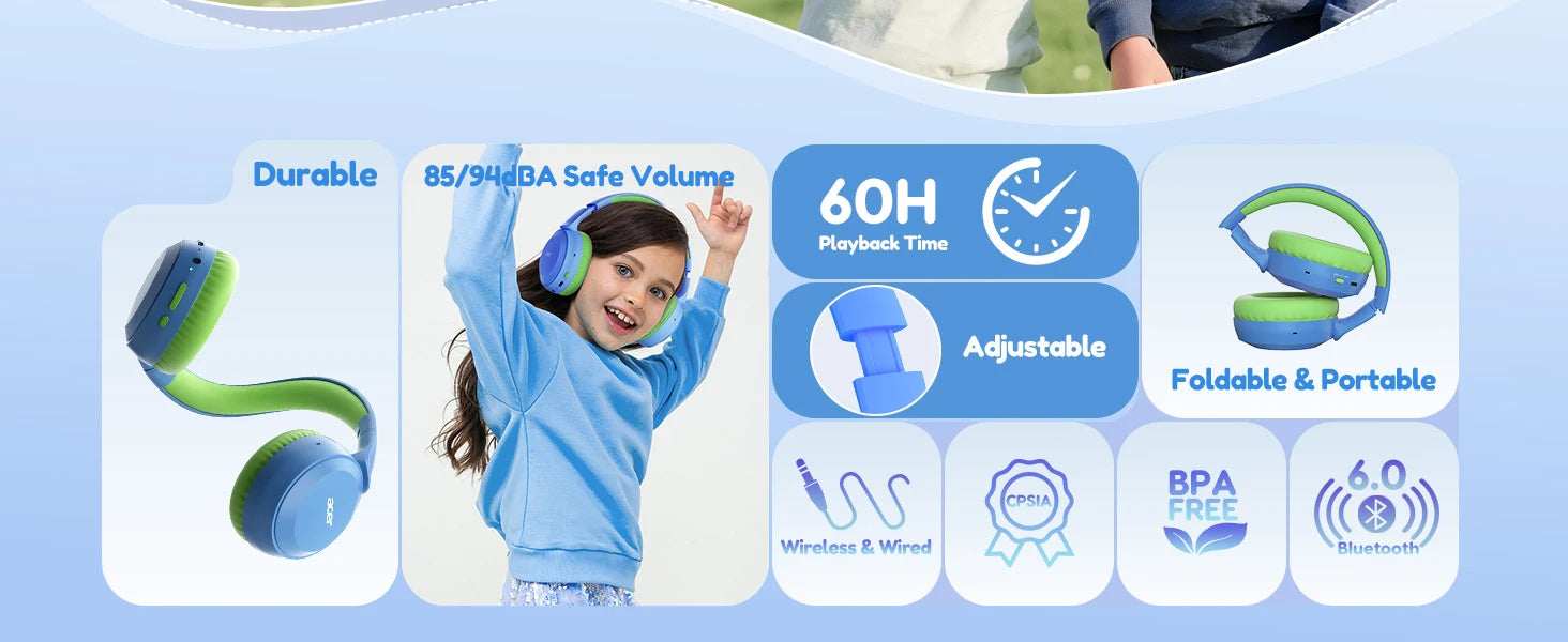 Acer Kids Bluetooth 6.0 Headphones with Built-in Mic 85/94dB Volume Limited Lightweight Over-Ear Wireless Headphones for Kids