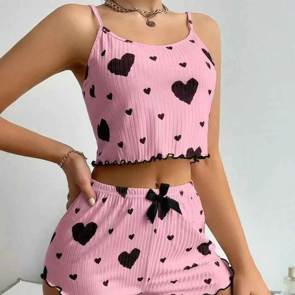Heart Print 2PCS Home Suit Women's Suspender Shorts Casual Fashion Nightwear Female pajamas Lightweight Love Sleepwear