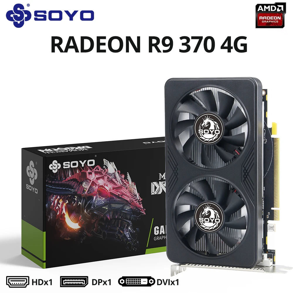 SOYO AMD Radeon R9 370 4G Graphics Card GDDR5 Video Memory 256Bit Gaming Card PCIE3.0x16 DP DVI for Desktop Computer Host