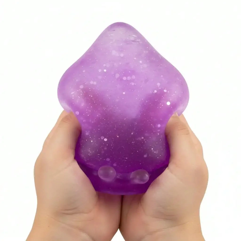 Dreamy Water Drop Squishy Toy Available In Blue Pink Purple Orange Four Color Options Mini Cute Teardrop Shape With Translucent Jelly Like Finish Sparkly Shimmer Inside Soft Velvety Texture Slow Rising Stress Relief Squeeze T