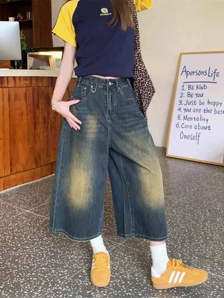 Retro Blue Wide Short Jeans Women Baggy Y2k Jorts Casual Vintage Streetwear Harajuku Korean Style Denim Shorts Basic Summer 2024