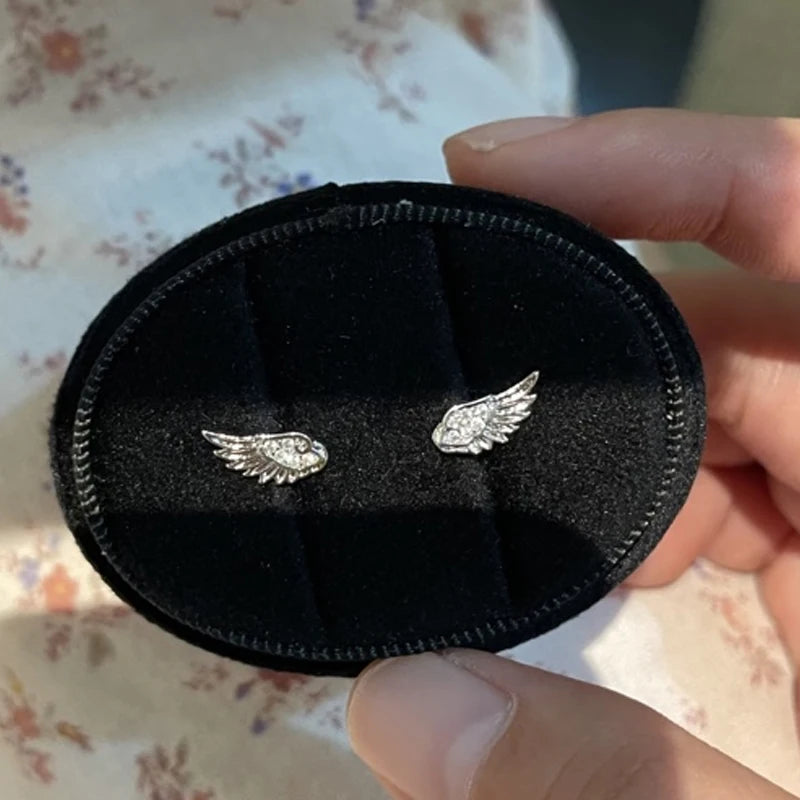 Fashion Zircon Wing Stud Earrings for Women Luxury Shiny Crystal Creative Angel Wings Cross Silver Color Ear Studs Jewelry Gifts