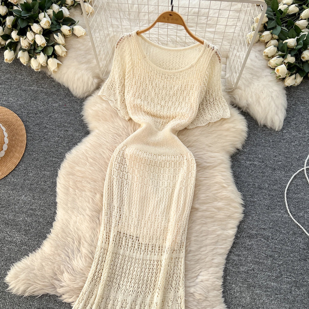 Women Hollow Knitted Dress Summer Flower Short Sleeved Fishtail Bodycon Dress with Camisole Dresses Vintage Party Long Robe