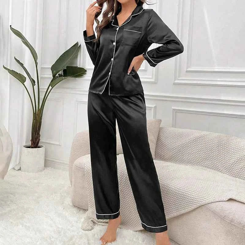 Women's Luxurious Satin Pajamas Pj Set Turn-down Collar Button Tops & Pants Sleepwear & Loungewear for Summer Home Clothes Suit