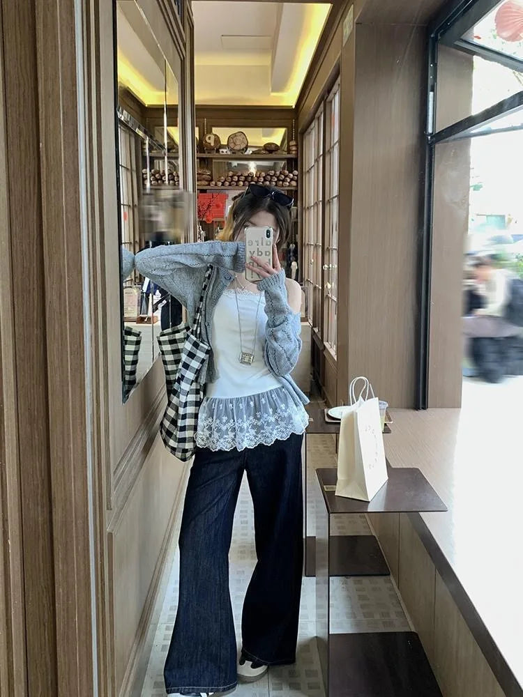 Lace Undershirt Ruffle Patchwork Hem Cami 2025 Sexy Top Women's Long Sleeveless T-Shirt Camisole Y2K Korean Gray Cotton Camis