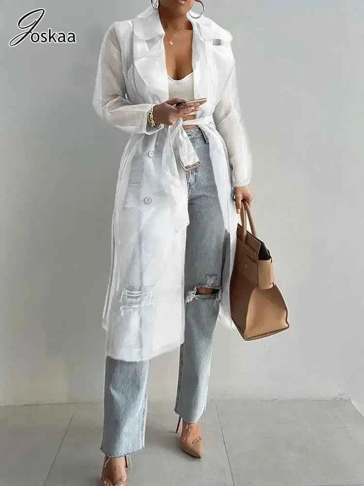 Joskaa Solid Organza See Through Lapel Full Sleeve Trench 2023 Summer Women Fashion Buttoned Coat with Belt Elegant Shirts