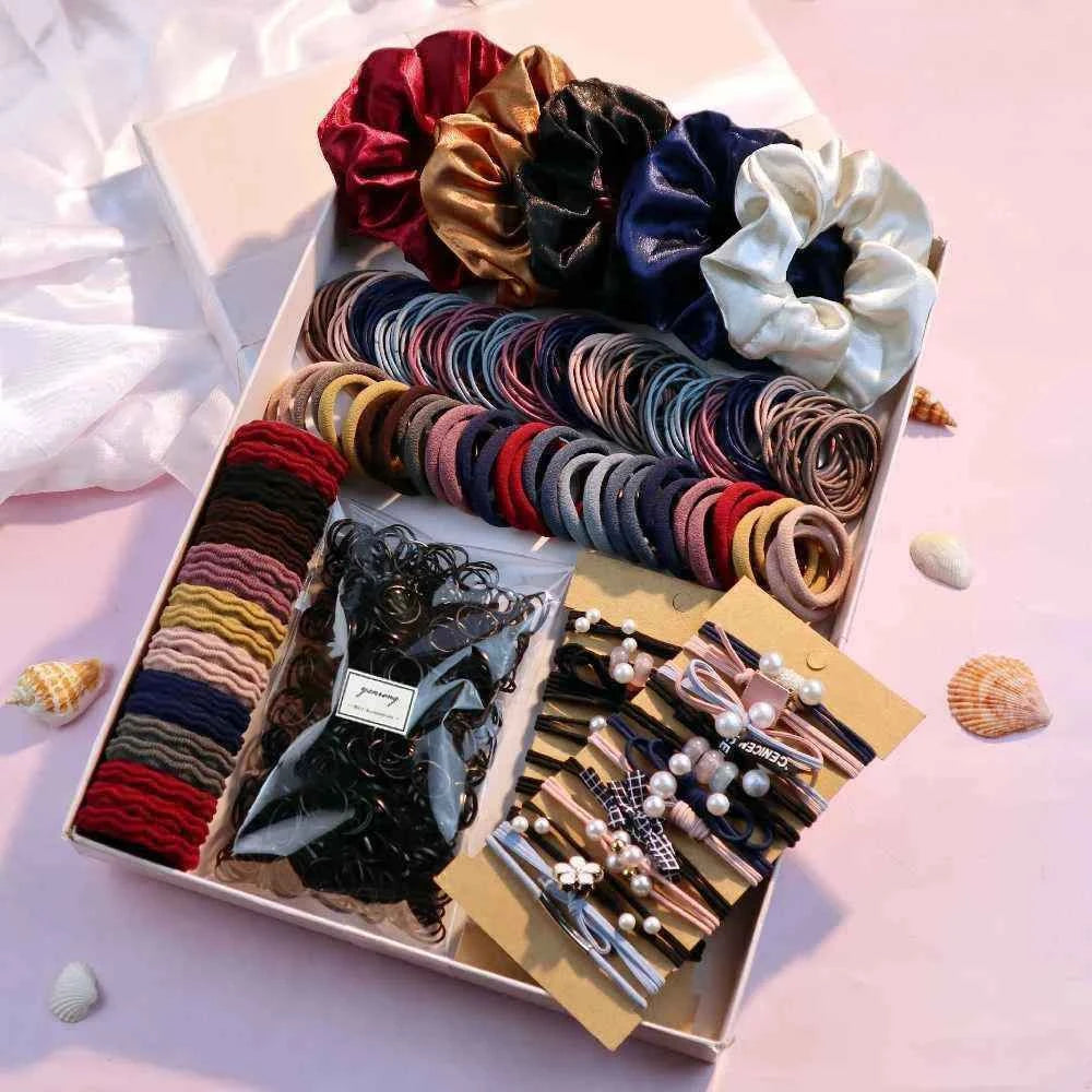 1085PCS Dark Hair Accessories for Woman Set Seamless Ponytail Holders Variety Hair Scrunchies HairBands Scrunchy Hair Ties