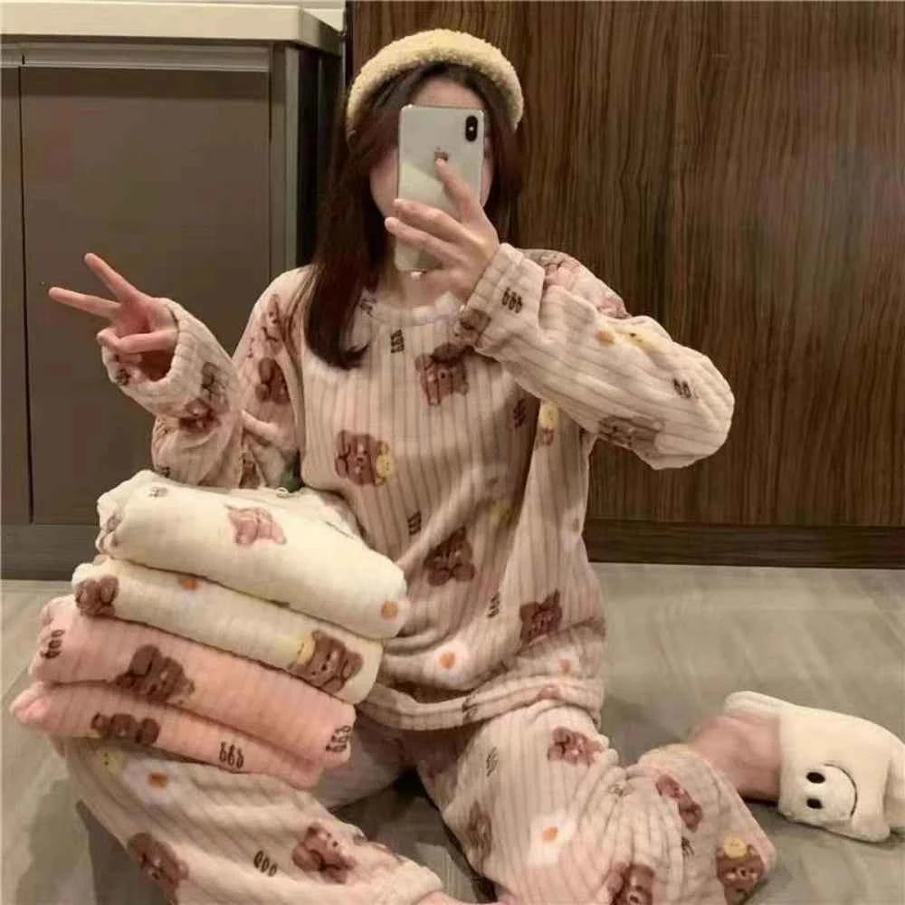Autumn Winter Warm Flannel Fleecing Women's Pajamas Sets Coral Velvet Long Sleeve Cartoon Sleepwear Pants Sets Flannel Homewear