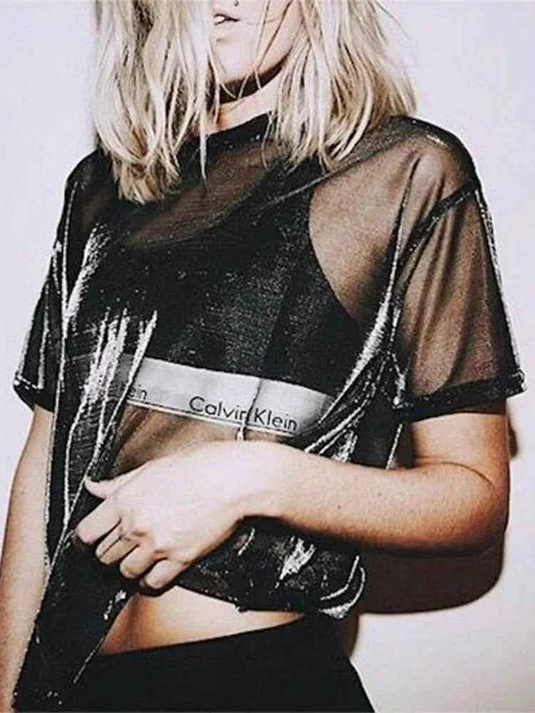 Summer Sexy Mesh Tee See-Through Women T-shirts Short Sleeve Perspective Shine Casual Women Tops Lady Vintage Blusa