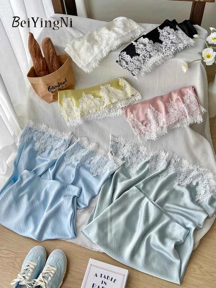Beiyingni French Elegant Satin Mermaid Skirt Women Spring Summer Lace Patchwork Pack Hip Long A-line Skirts Office Ladies Faldas