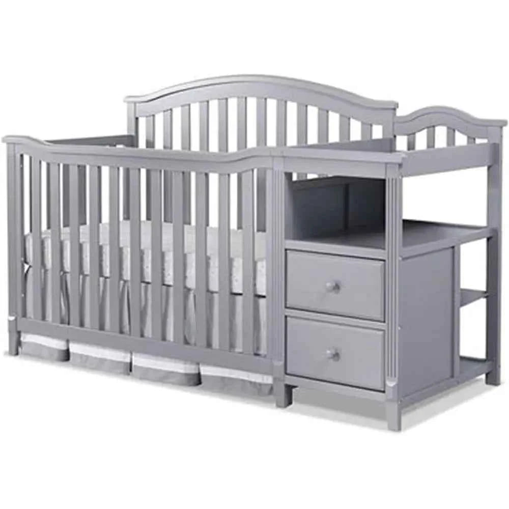 Convertible Crib with Slat Back, Diaper Changer, Wooden Toddler Bed, Gray Full-Size Nursery