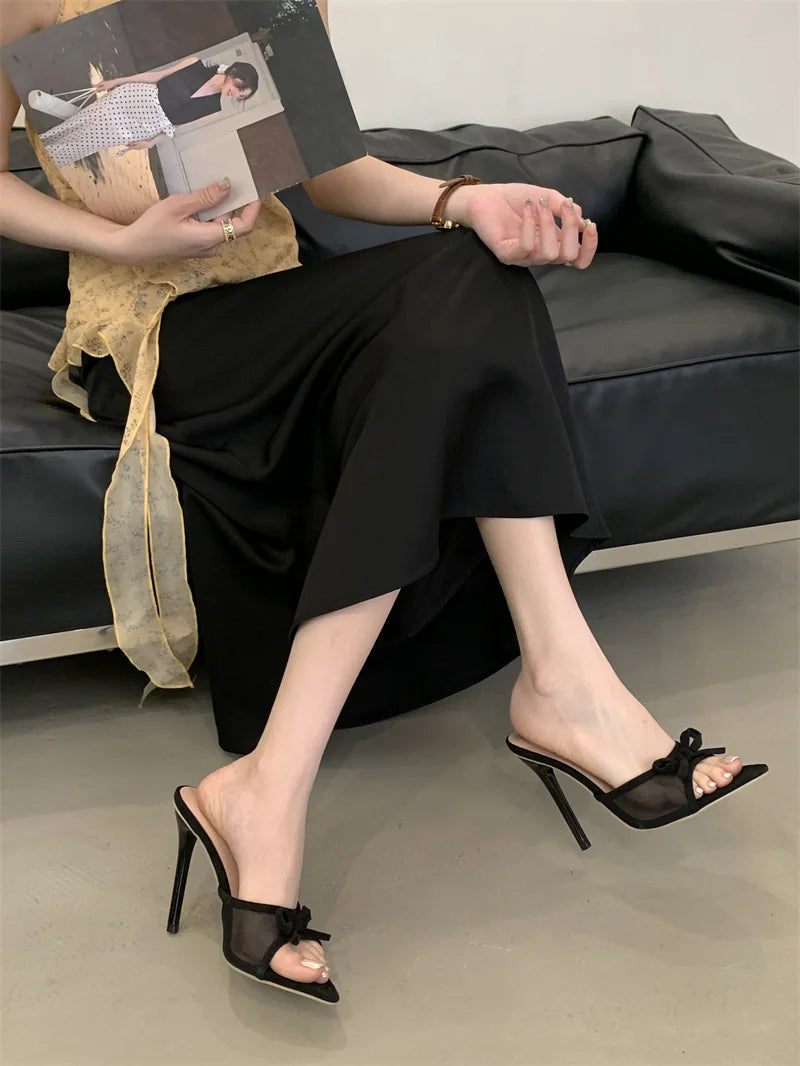 Liyke Street Fashion Bowknot Mesh Women Slippers Sandals Sexy Pointed Open Toe Black High Heels Mules Slides Party Banquet Shoes