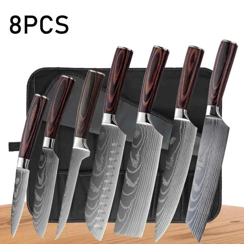 WXCOO Chef Knife Japanese Kitchen Knives Set Professional Laser Damascus Pattern Stainless Steel Meat Cleaver Slicer Knife