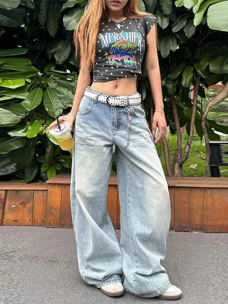 Women's Jeans Vintage Printed High Waist Zipper Pockets Straight Leg Trousers Female 2026 Spring Fashion Woman Clothes Outwears