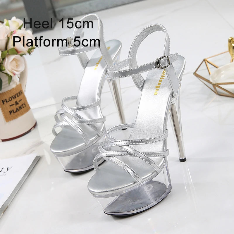 Voesnees Women Sandals Female Model T Station Catwalk Sexy Crystal Transparent Shoes 13CM High Heels Waterproof Head Sandals