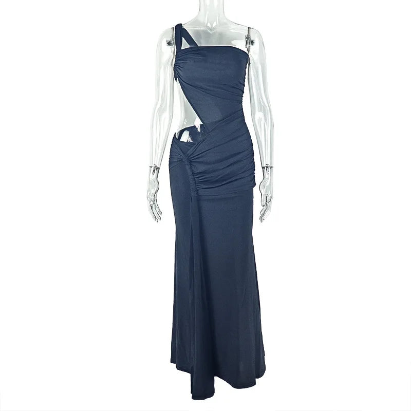 Weird Puss Irregular Hollow One Shoulder Maxi Dress Women Skew Collar Backless Ruched Kink Ribbon Prom Party Elegant Vestidos