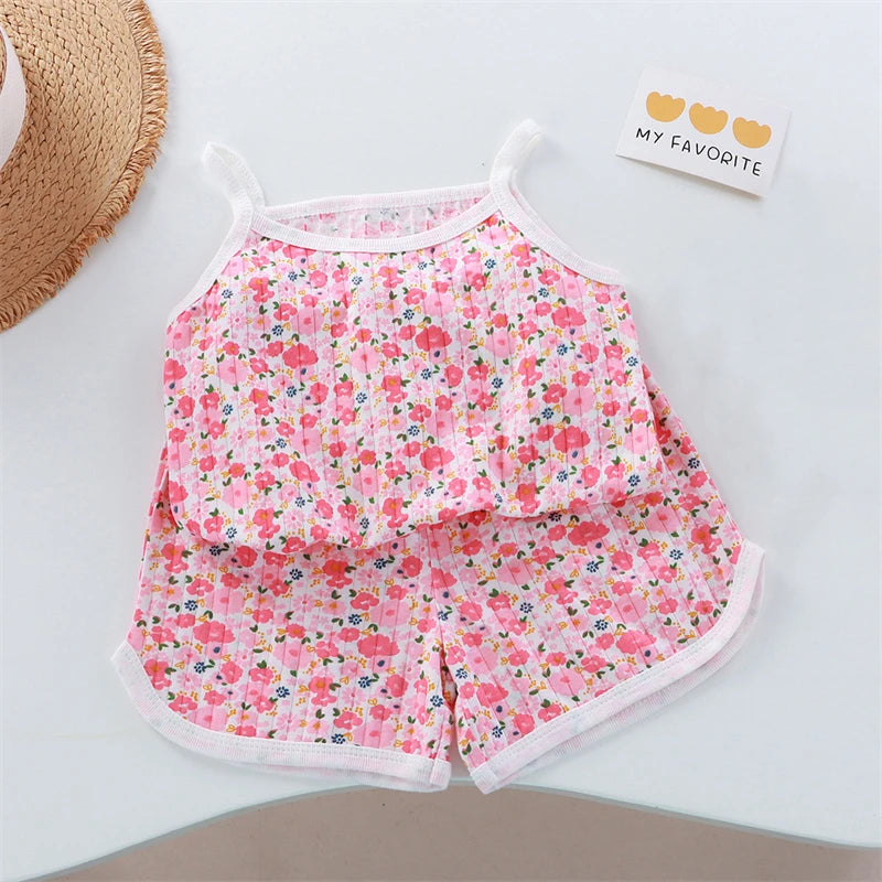 2026 New Kids Tops+shorts Set Summer Thin Baby Cotton Vest Sleeveless Loungewear Set for Girls Suit