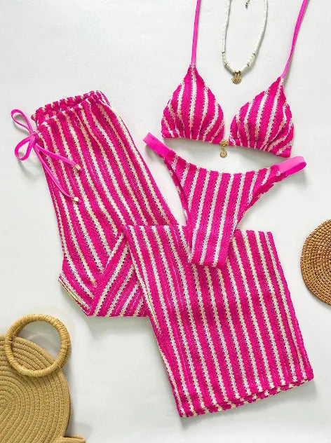 Vintage Red Striped Bikini Set 2026 Women Drawstring Long Panties 3 Piece Swimsuit Beach Holiday Bathing Suit Thong Swimwear
