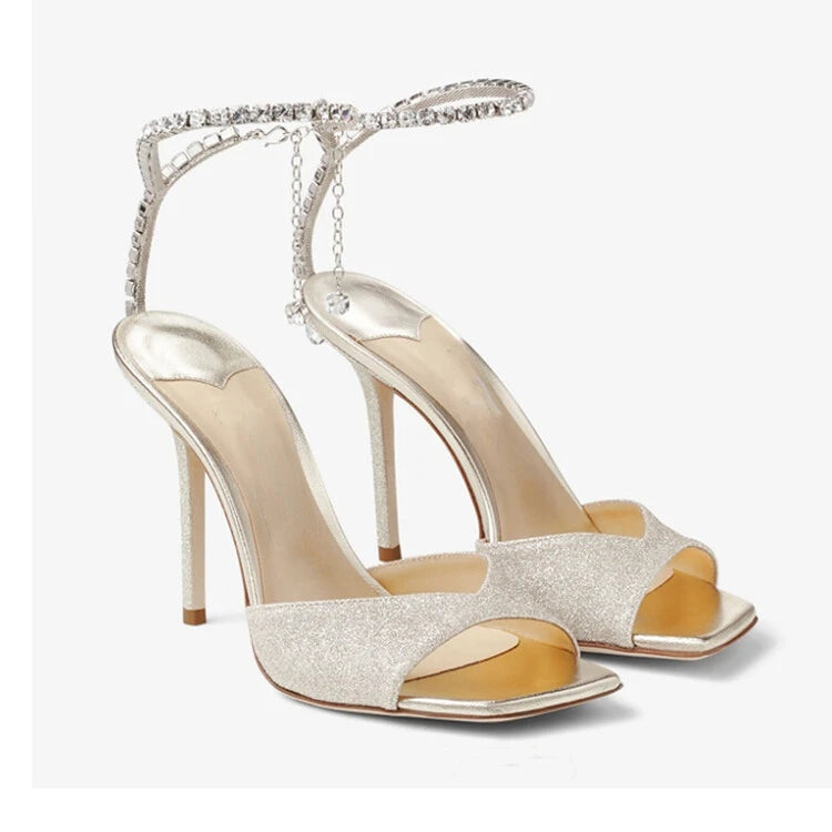 Colorful Chain Water Diamond Sandals Brand Walk Show Fish Mouth Evening Dress Elegant High Heels 2023 New Pendant Women's Shoes