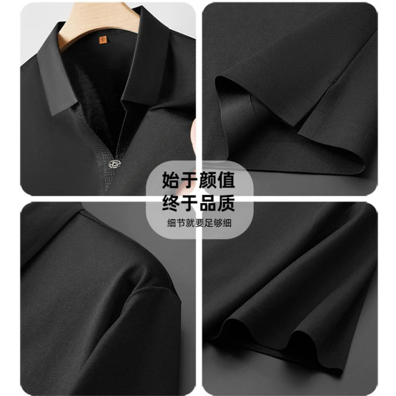 Men's 62% Cotton Polo Shirt | Breathable V-Neck with Rhinestone Accents | Moisture-Wicking Black/Brown Casual Tops XL-7XL