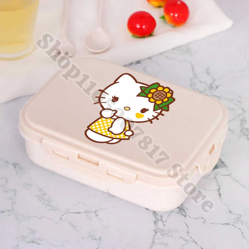 Kids Portable Plastic Lunch Box Hello Kitty Cartoon Cute Lunchbox with Spoon Fork Children Anime Food Fruit Containers Xmas Gift