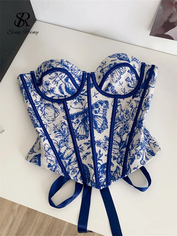 SINGREINY French Retro Lingerie Tops Women Strapless Print Corset Shapewear Lace Up Sexy Top 2025 Backless Sensual Slim Camisole