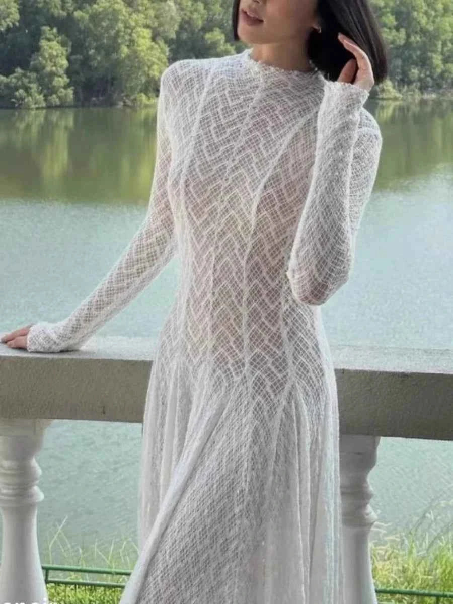 TWOTWINSTYLE Solid Slimming Spliced Ruffles Dresses for Women Round Neck Long Sleeves Patchwork Hollow Out Dress Female Clothing
