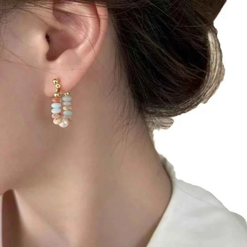 Chic Colorful Stone Beaded Hoop Earrings For Women Sweet Gold Color Metal Earrings Korean Daily Wear Jewelry