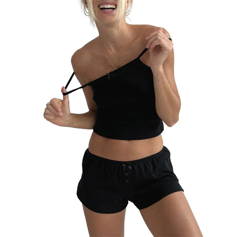 Xingqing Loungewear Women Set y2k Aesthetic Clothes Lace Trim Sleeveless Crop Top with Shorts 2000s Pajamas Night Sleepwear