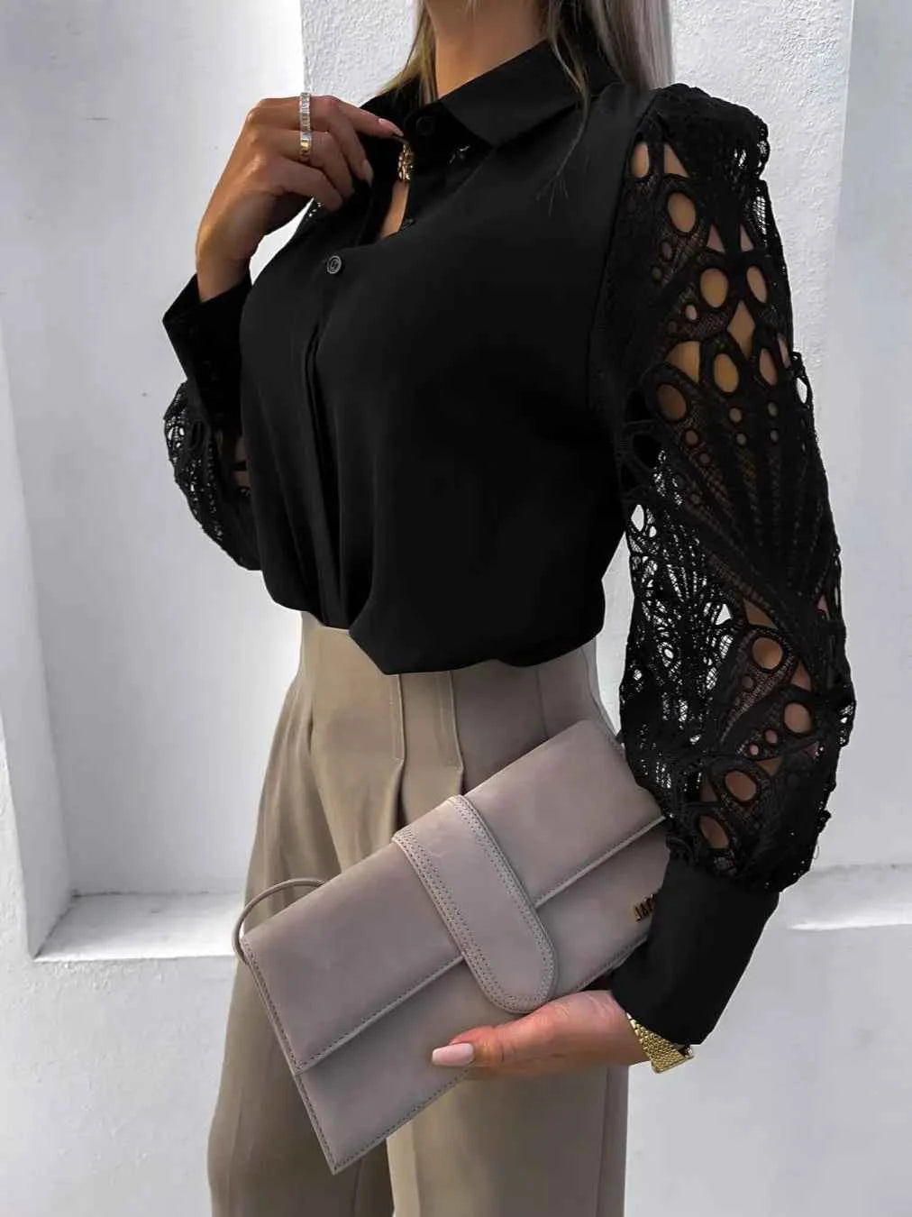 White Sexy Lace Hollow Out Women Blouse Autumn 2025 Spring Black Top Vintage Button Up Shirts Long Sleeve Mesh Design Tops 19948