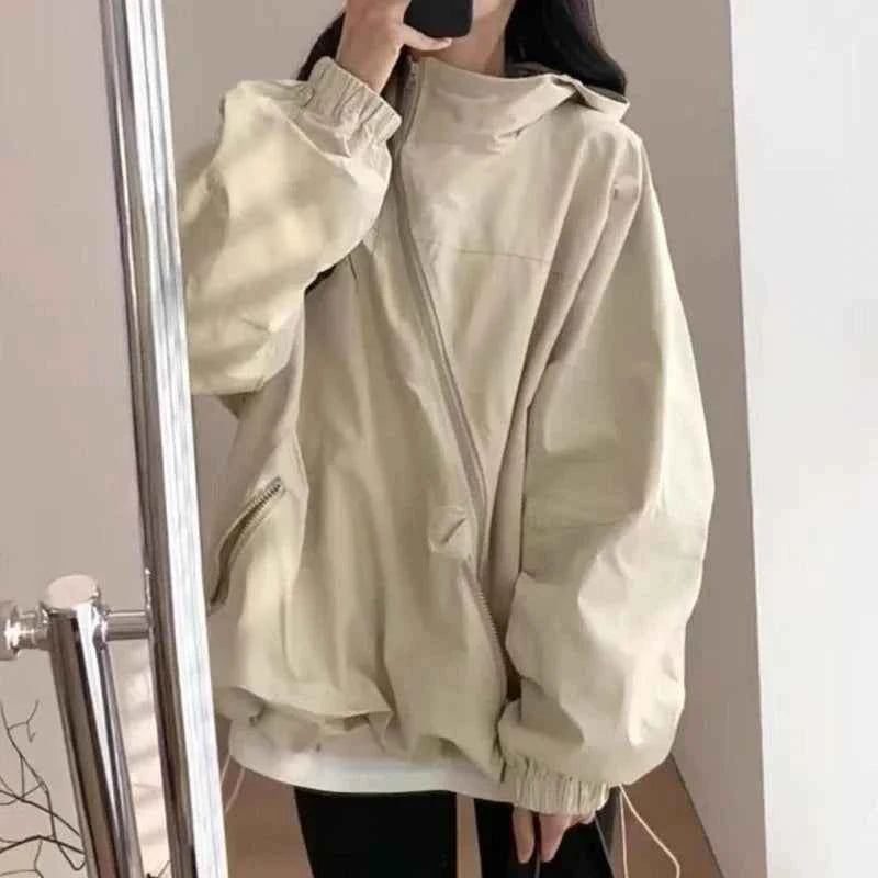 Women Hooded Jackets Diagonal Zipper Design Vintage Autumn Baggy Fashion BF Style Outdoor Chaqueta Mujer Leisure All-match Lady