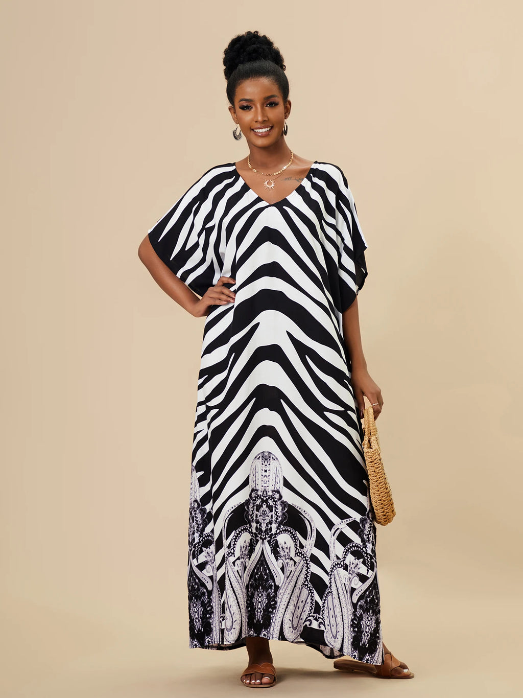EDOLYNSA 2023 Bohemian Printed Loose Kaftan Casual Summer Vacation Maxi Dress Women Clothing Beach Wear Swim Suit Cover Up Q1469