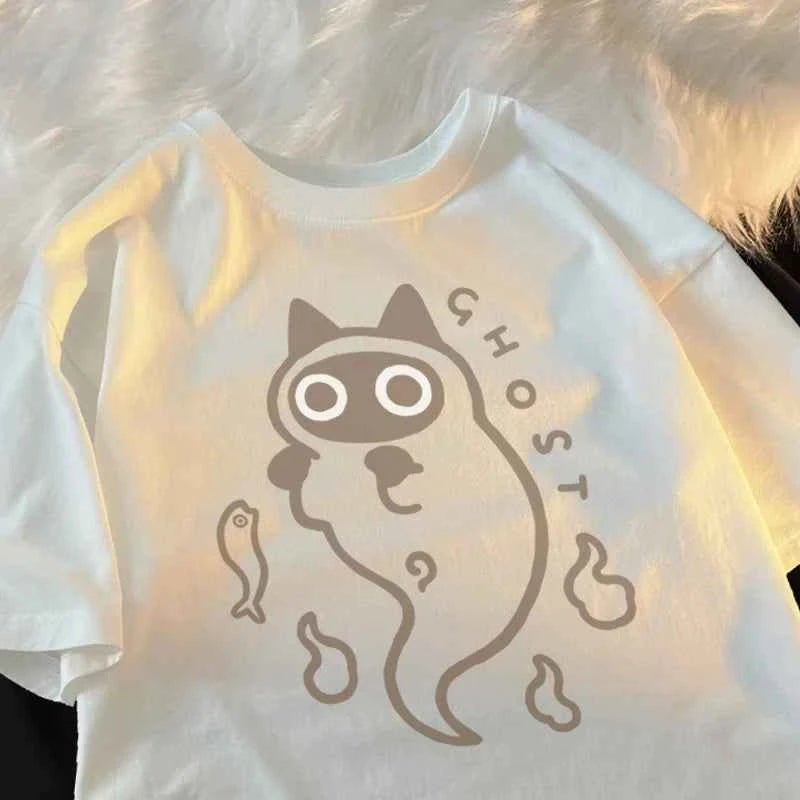 Ghost Cat Loose Short Sleeved T-shirt for Women Original Japanese Fashion Brand Couple Pure Cat Transparent Ghost Cat