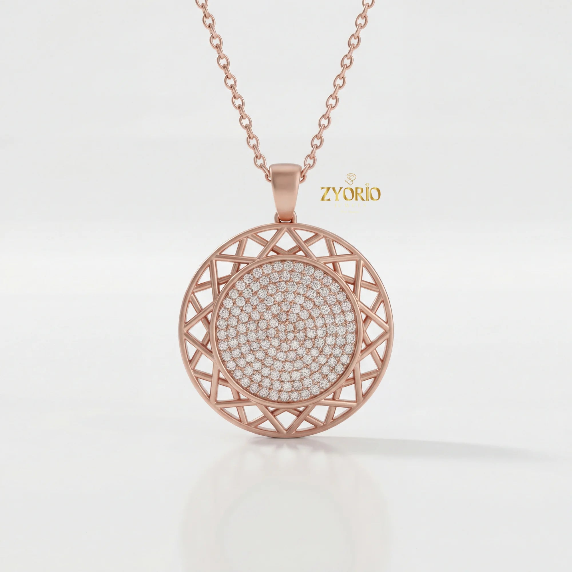 Gold Geometric Openwork Diamond Pendant Sparkling Link Chain Necklace Luxury Engagement Wedding Anniversary Party Modern Design