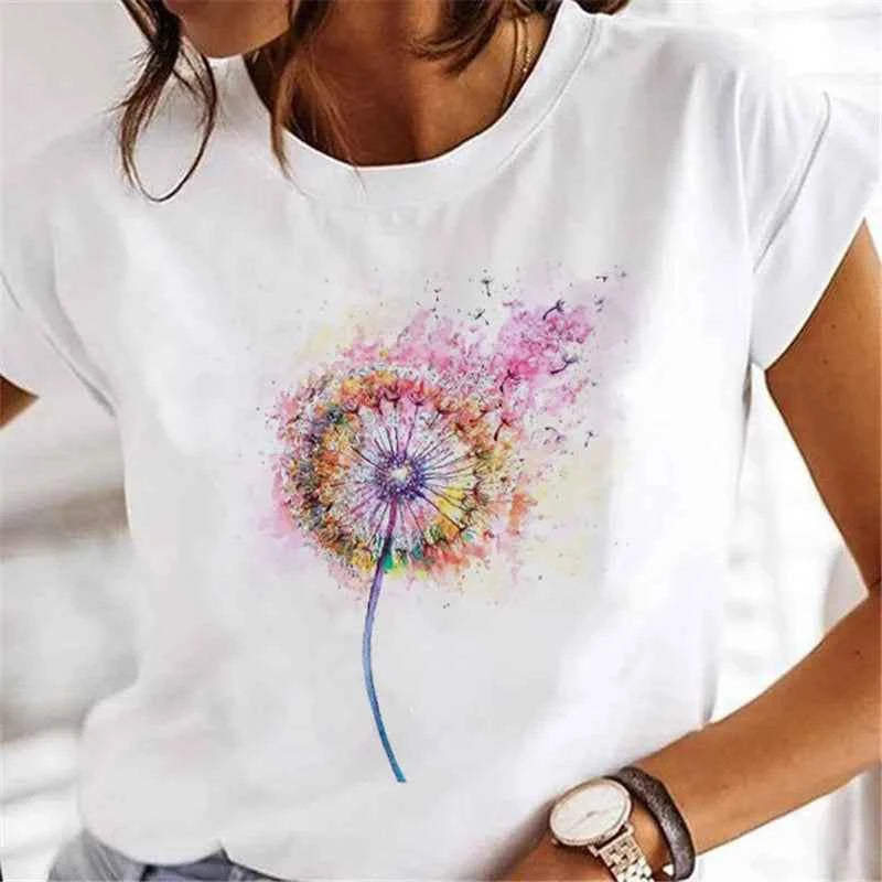 Women's Short-sleeved T-shirt Feather Fashion Print Instagram Base Shirt Women Clothes  Tops  Aesthetic Clothes Graphic T Shirts