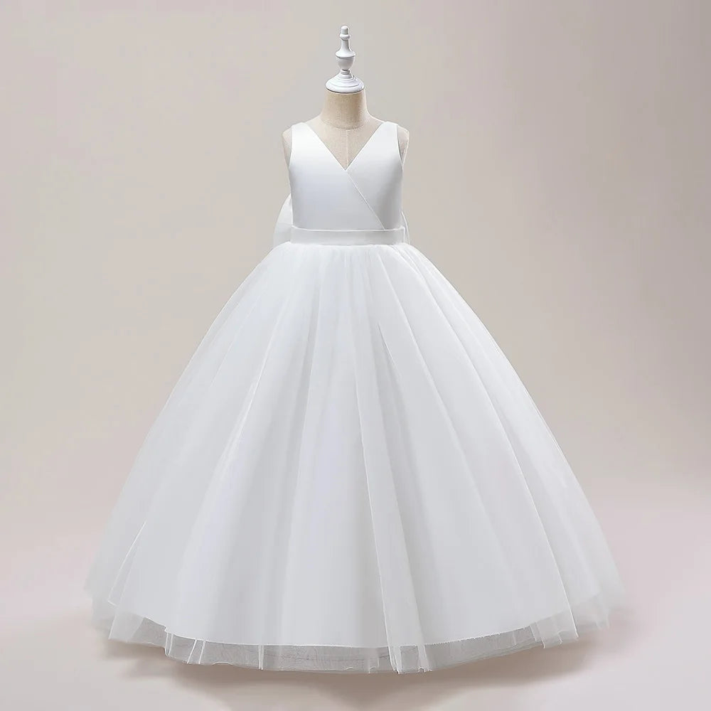 Girl Long White Bridesmaid Dresses For Wedding Prom Gown Big Bow Girls Party Dress Kids First Communiom Formal Evening Vestidos