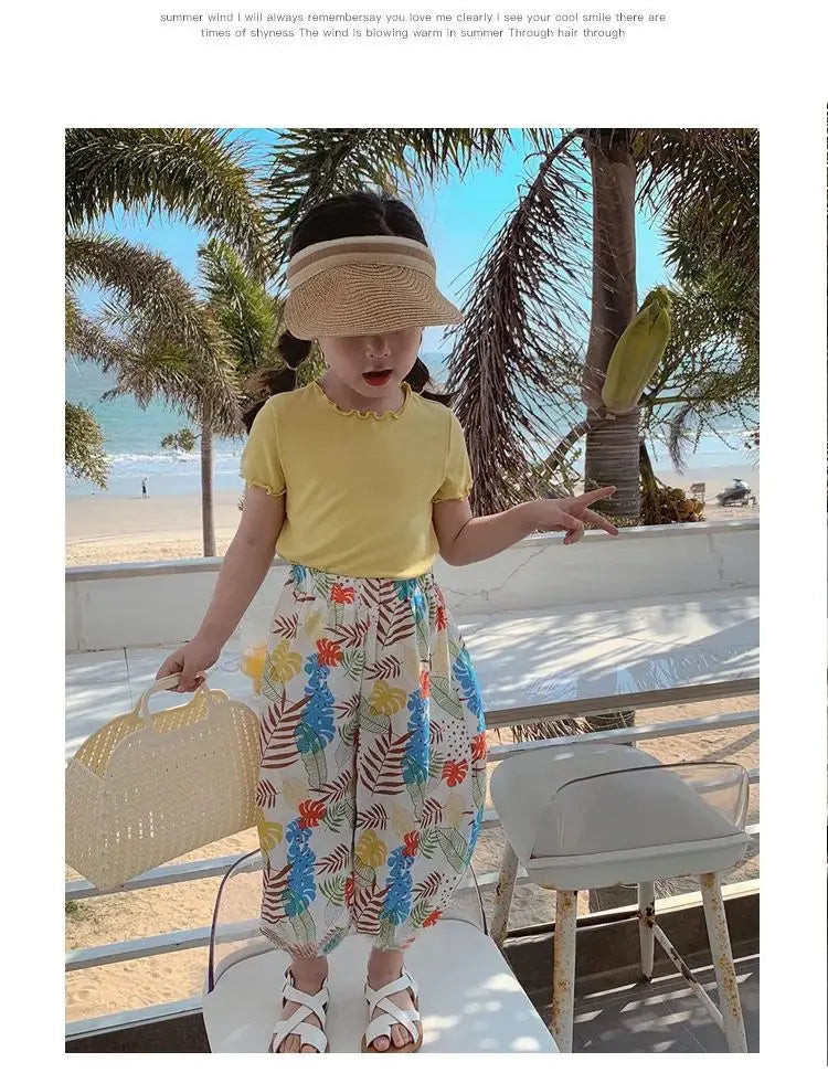 Girls' Casual Ice Silk Short-Sleeve T-Shirt, New Korean Style Children's Ruffled Top, Solid Color, Simple and Versatile