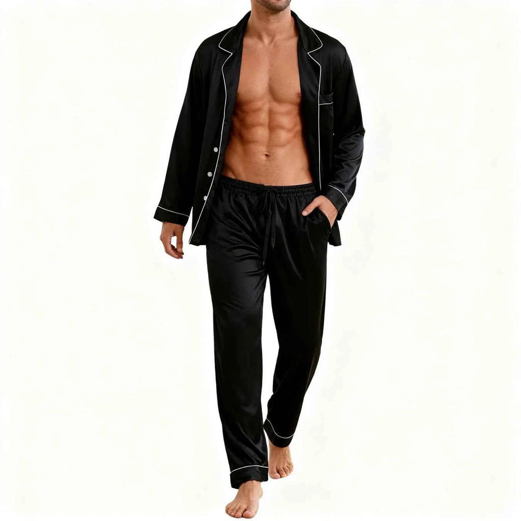 Men's Luxury Pajama Set with Contrast Trim Long Sleeve and Pockets Pants Comfortable Loose-Fit Pajamas for Men Sleepwear Sets