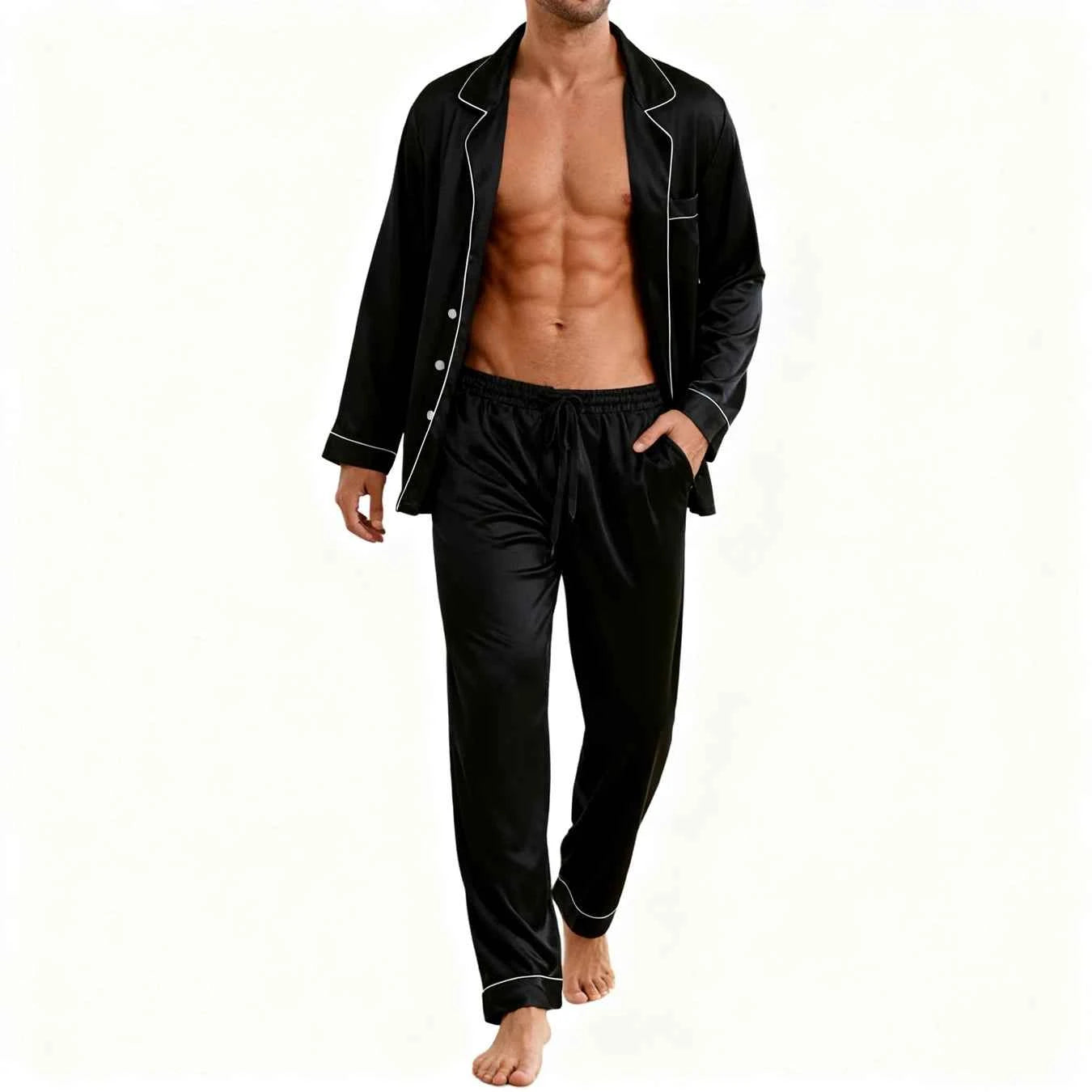 Men's Luxury Pajama Set with Contrast Trim Long Sleeve and Pockets Pants Comfortable Loose-Fit Pajamas for Men Sleepwear Sets