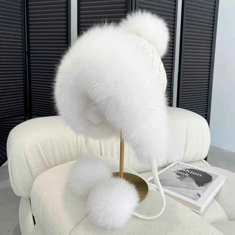 Winter Women Real Fox Fur Hat Fashion Casual Outdoor Warm Knitted Hats Girl Lovely 100% Natural Fox Fur Ear cap bomber caps